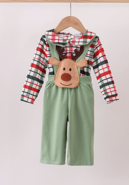 Green Christmas Reindeer Appliqué Plaid 2pc Boy’s Jumpsuit Set