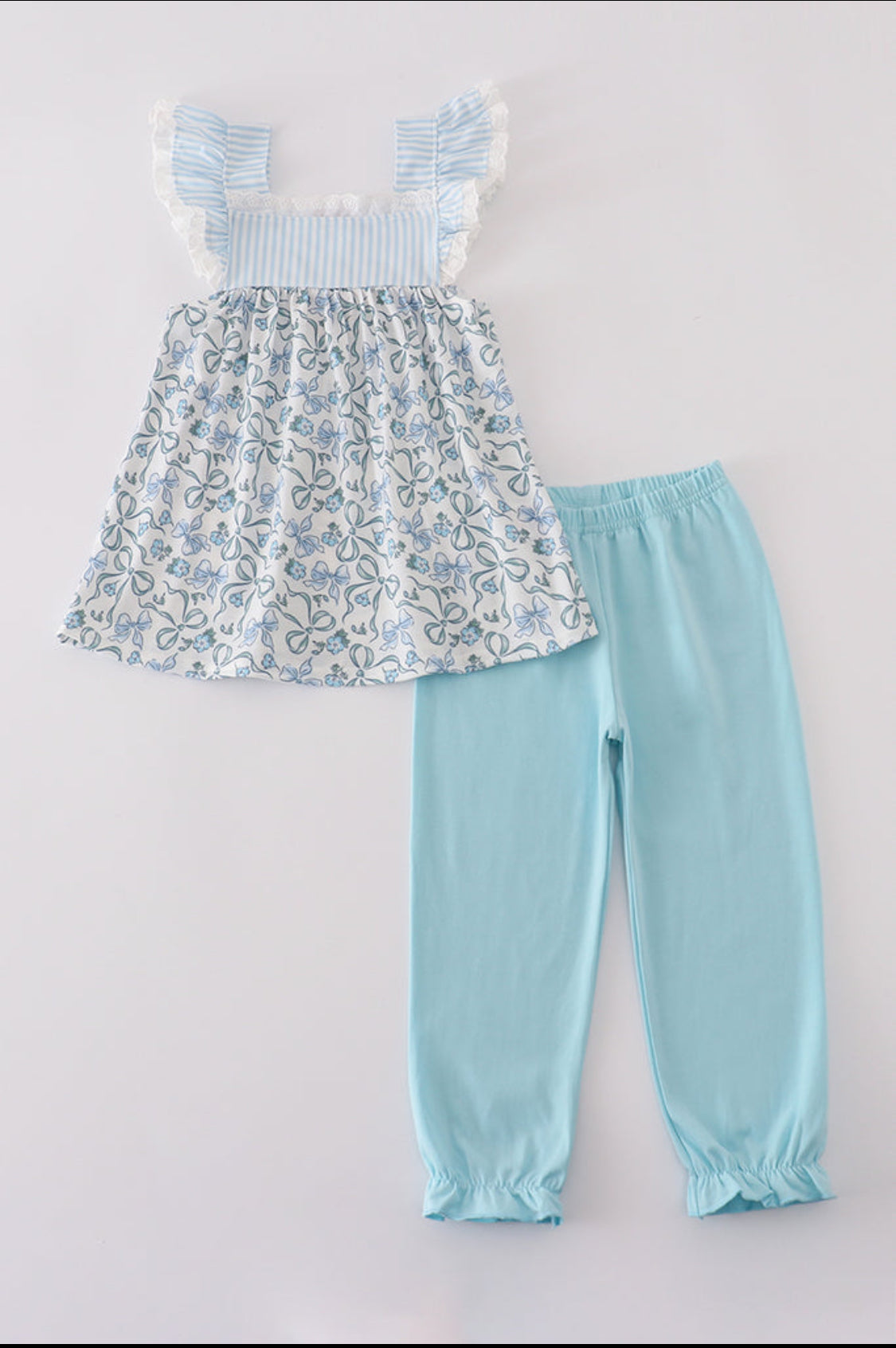 Blue Bow & Lace Print Ruffle Girl’s Pants Set