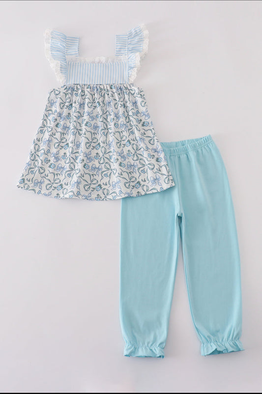Blue Bow & Lace Print Ruffle Girl’s Pants Set