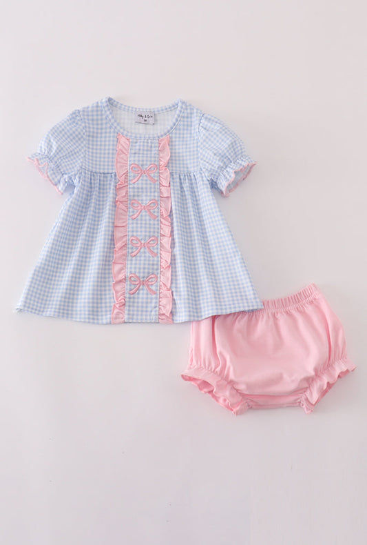 Blue Bow Embroidery Gingham Ruffle Girl’s Bloomer Set