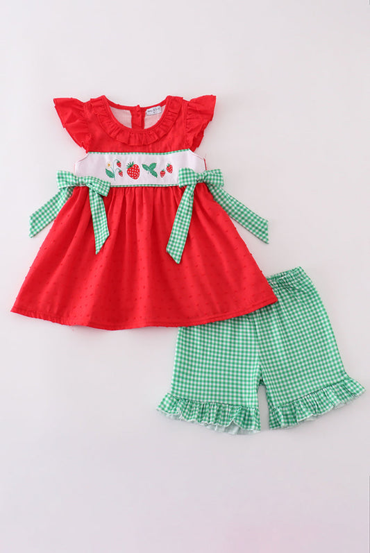 Red Strawberry Embroidery Swiss Dot Girl’s Short Set