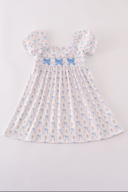 Blue Bow Embroidery Smocked Dress