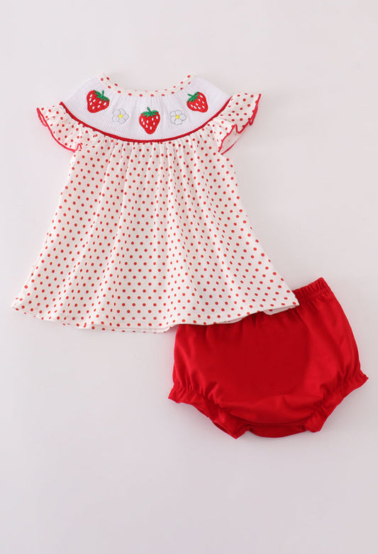 Red Dot Strawberry Embroidery Smocked Girl’s Bloomer Set