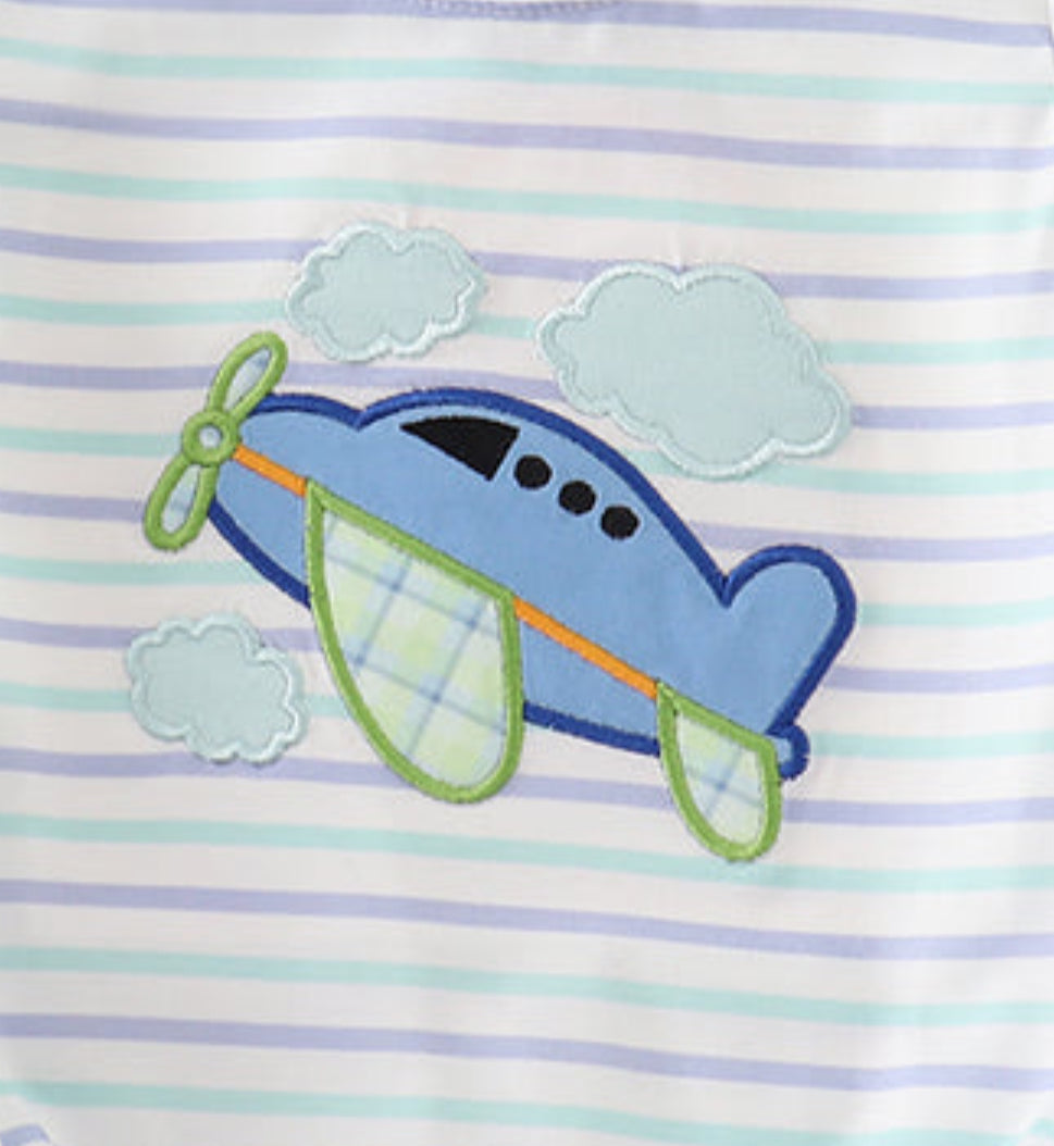 Blue Plane Appliqué Stripe Boy Bubble