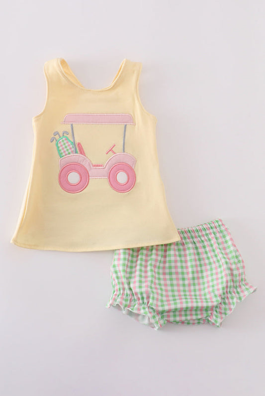 Yellow Golf Cart Appliqué Gingham Girl’s Bloomer Set