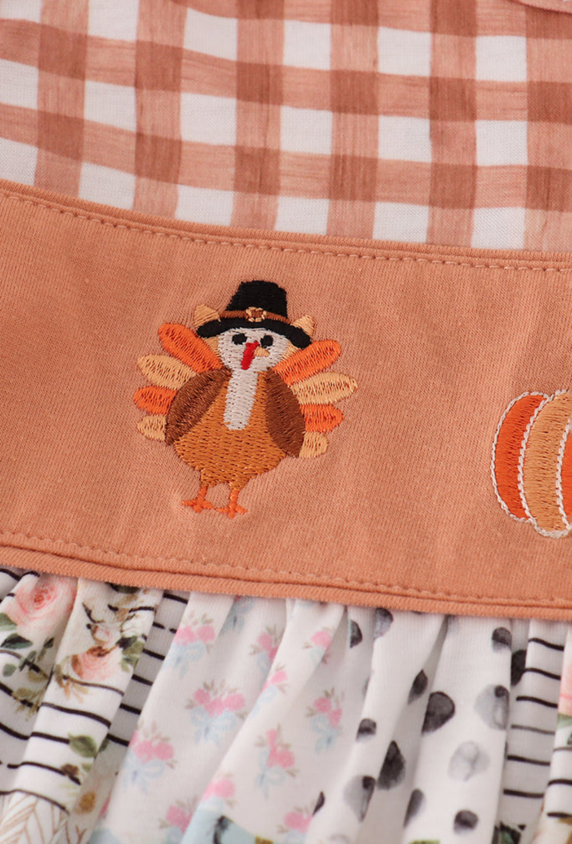 Fall Floral Print Turkey Pumpkin Embroidery Dress