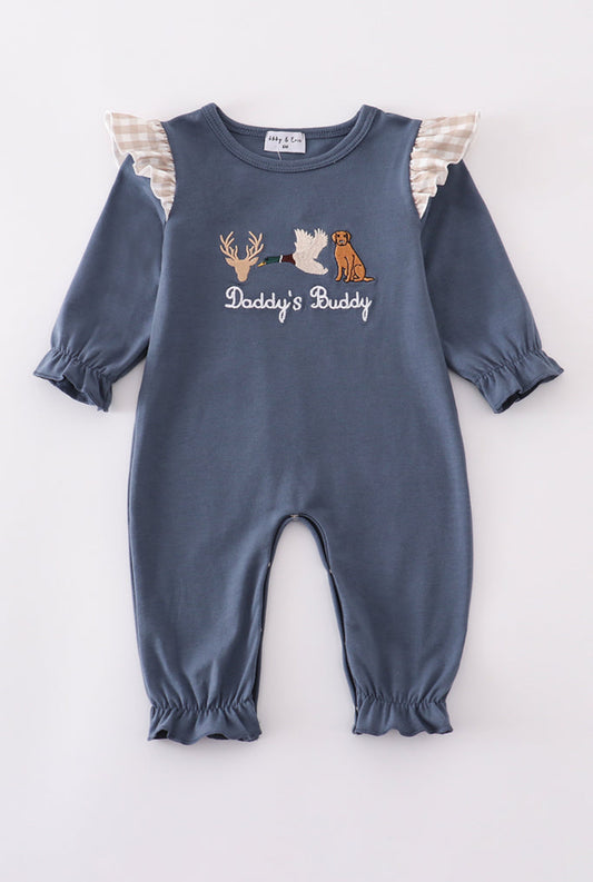 Navy Hunting Embroidery Ruffle Girl’s Romper