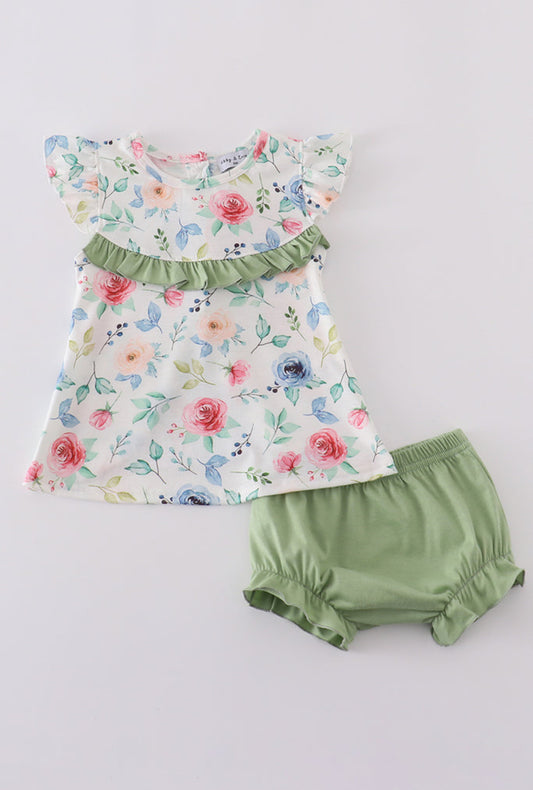 Green Garden Rose Girl’s Bloomer Set