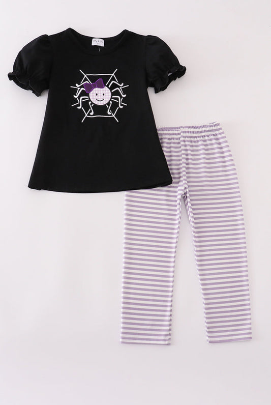 Purple Halloween Spider Embroidery Girl’s Pants Set