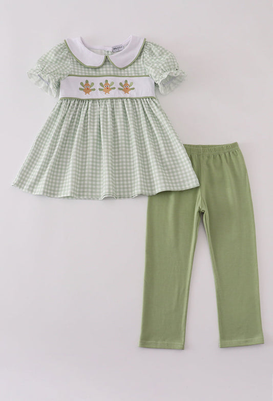 Sage Turkey Embroidery Gingham Girl’s Pants Set