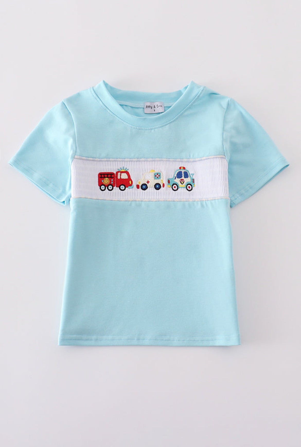 Blue Fire Truck Police Car Embroidery Smocked Boy’s Shirt