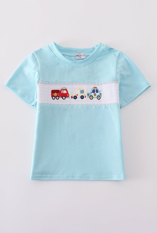 Blue Fire Truck Police Car Embroidery Smocked Boy’s Shirt