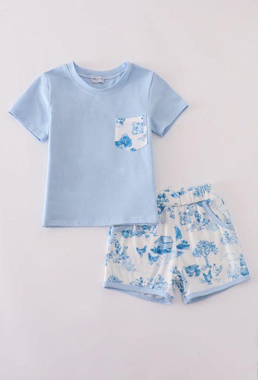 Blue Farm Print Boy’s Short Set