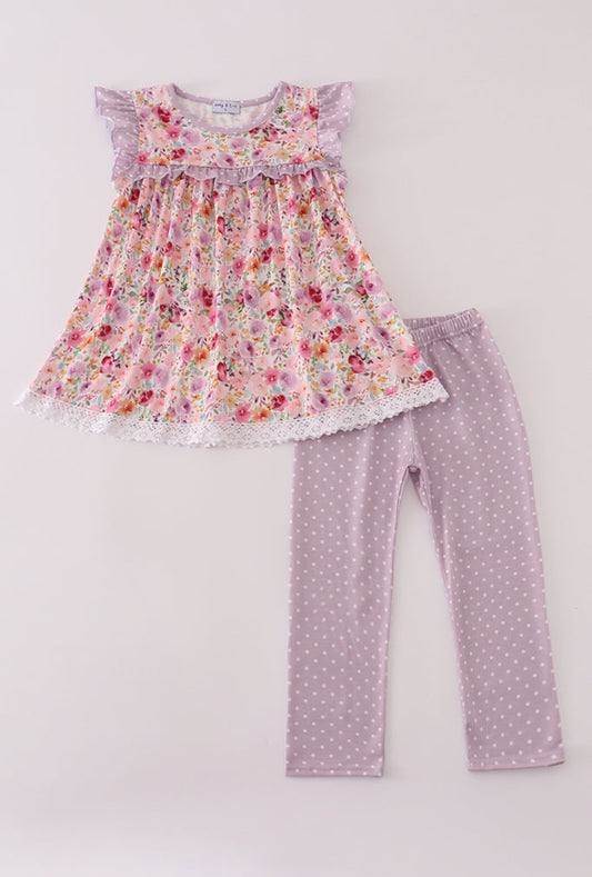 Purple Floral Print Ruffle Girl’s Pant Set