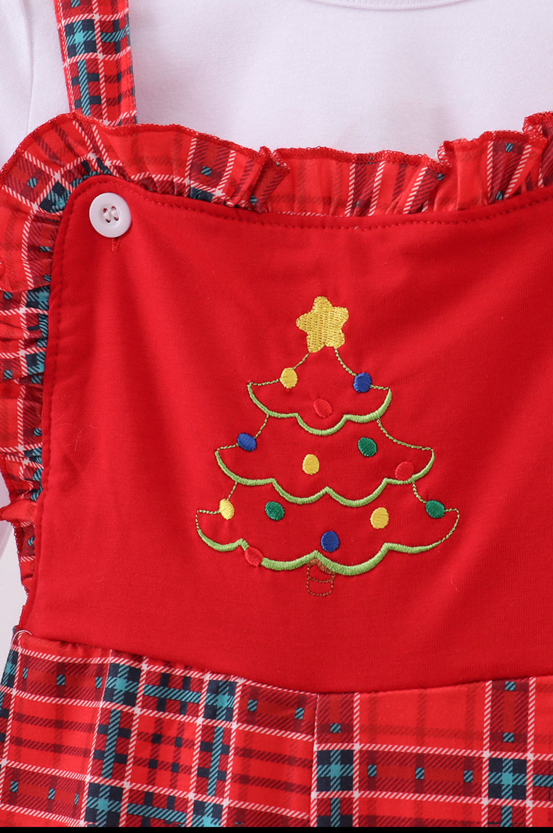 Red Tree Embroidery Plaid Ruffle Girl’s Jumpsuit Set