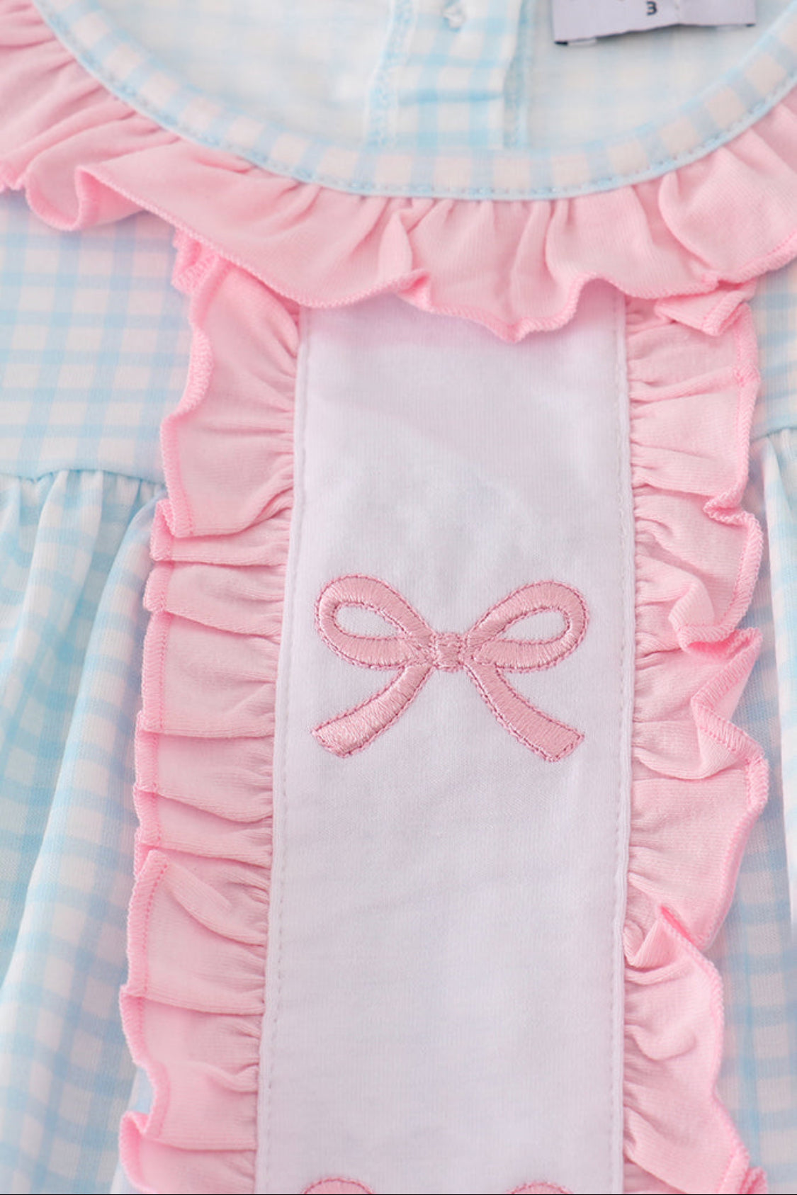 Blue Bow Embroidery Gingham Ruffle Girl’s Pants Set