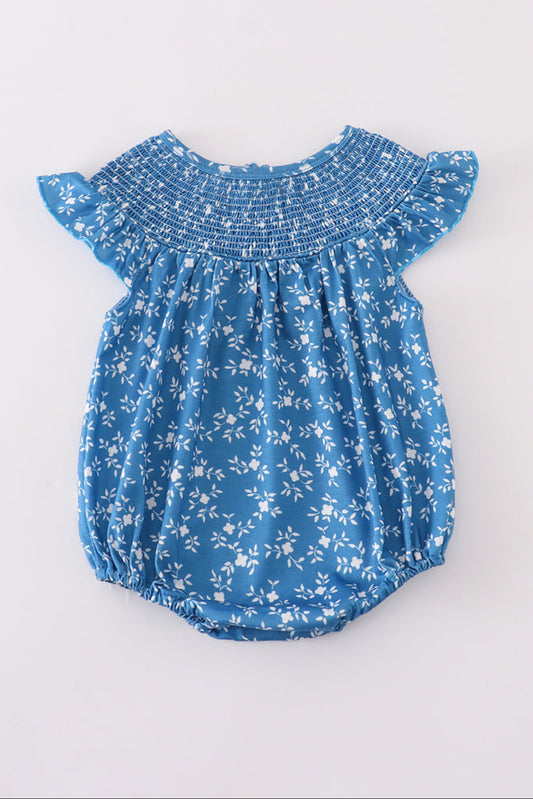 Blue Floral Print Smocked Girl’s Bubble