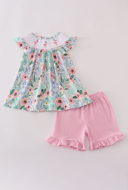 Floral Flamingo Embroidery Smocked Girl’s Short Set