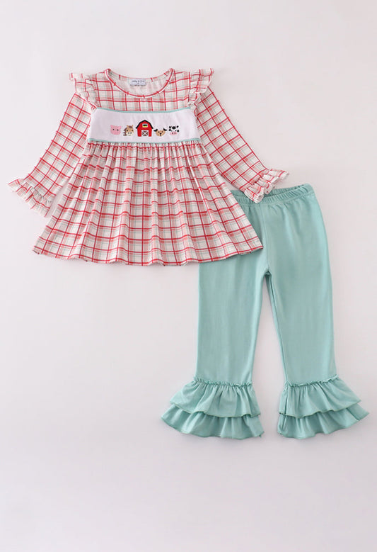 Red Farm Embroidery Ruffle Girl’s Pants Set