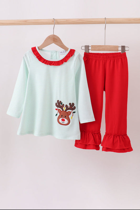 Blue Reindeer Applique Stripe Ruffle Girl’s Pants Set