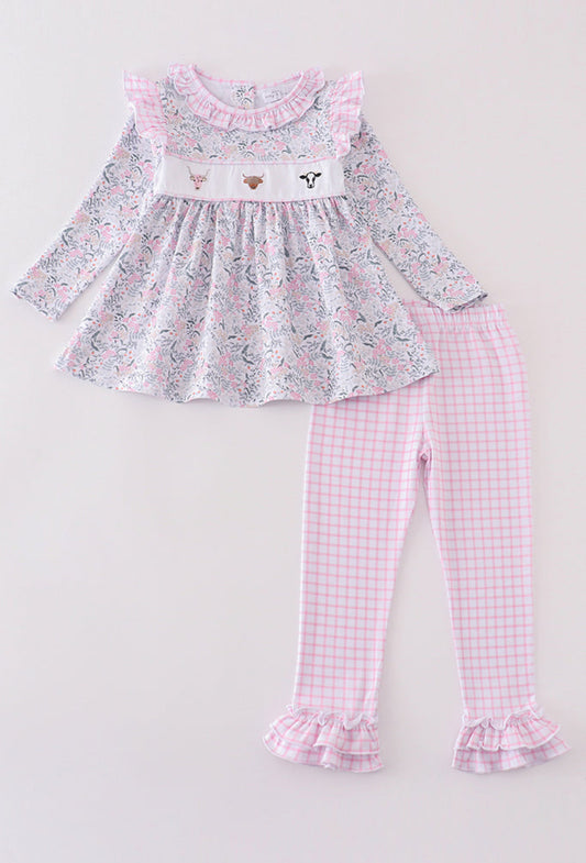 Premium Floral Print Cow Appliqué Girl’s Pant Set