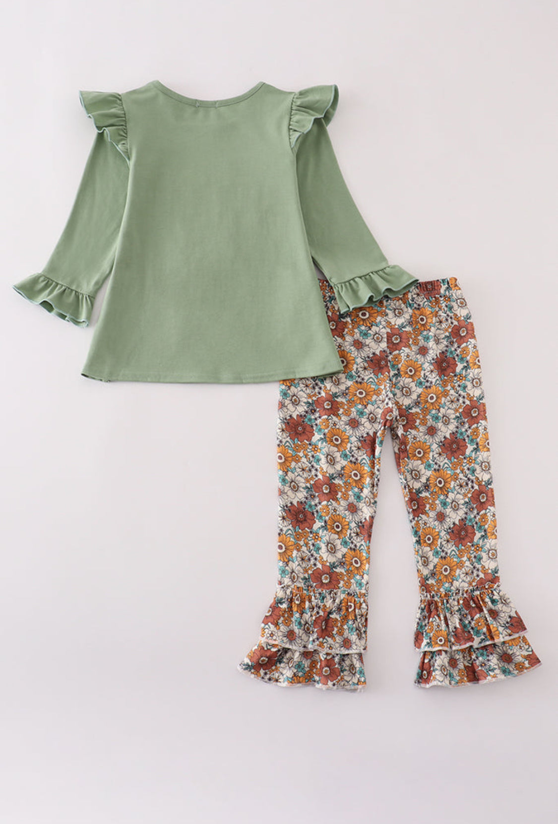 Green Cow Appliqué Floral Print Ruffle Girl’s Pants Set