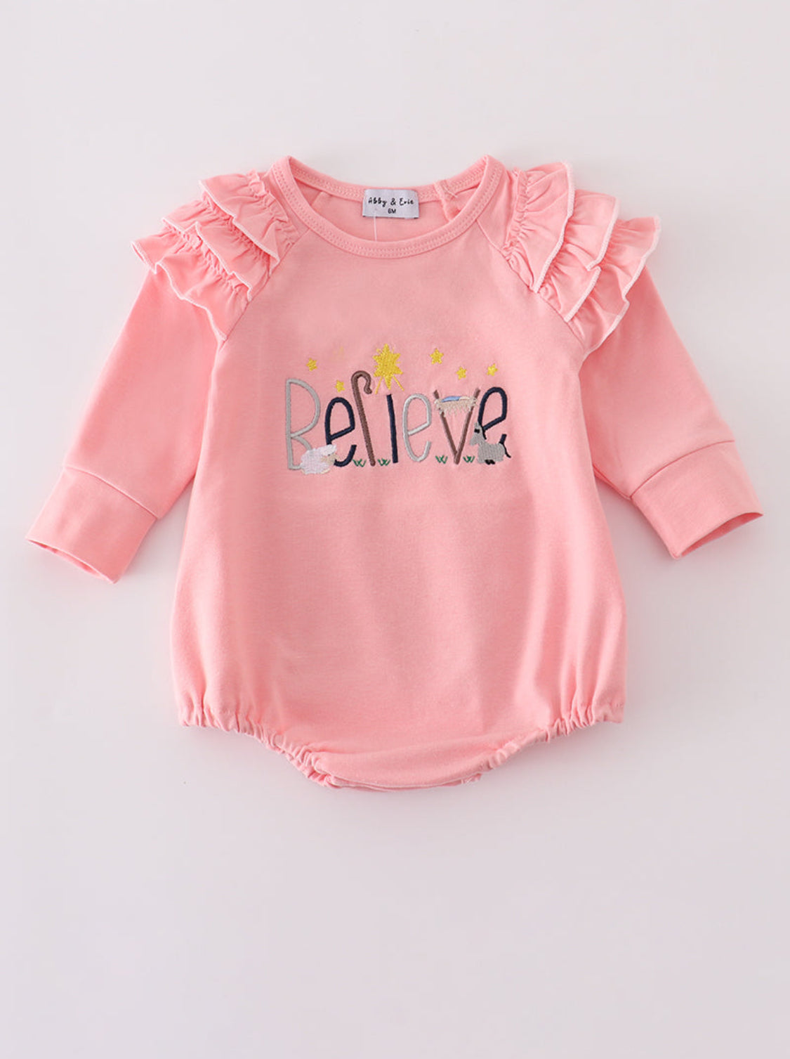 Pink BELIEVE Embroidery Ruffle Girl’s Romper