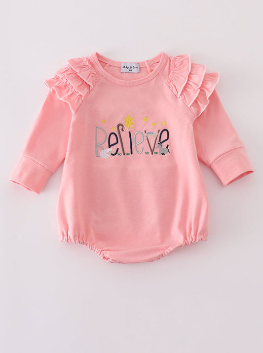 Pink BELIEVE Embroidery Ruffle Girl’s Romper