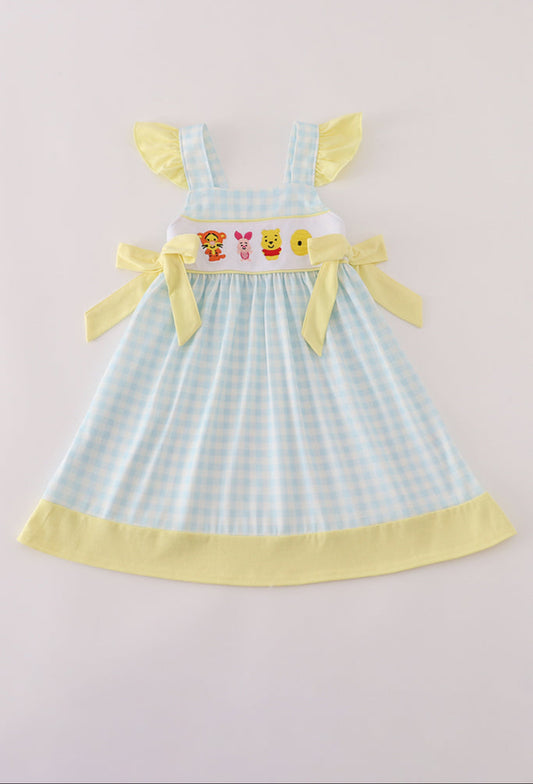 Blue Character Embroidery Gingham Ruffle Dress