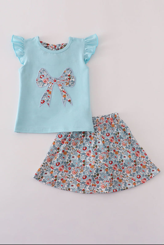 Blue Floral Bow Appliqué Girl’s Active Skort Set