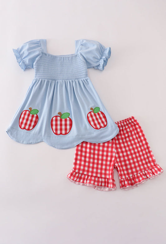 Blue Apple Appliqué Smocked Girl’s Ruffle Short Set