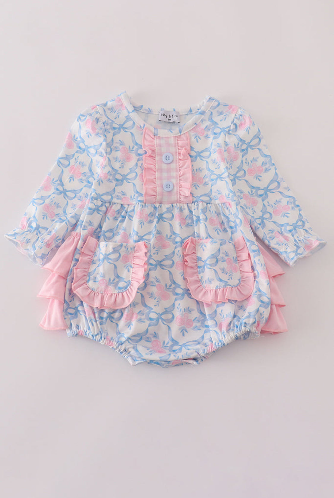 Blue Floral Bow Print Girl’s Ruffle Bubble