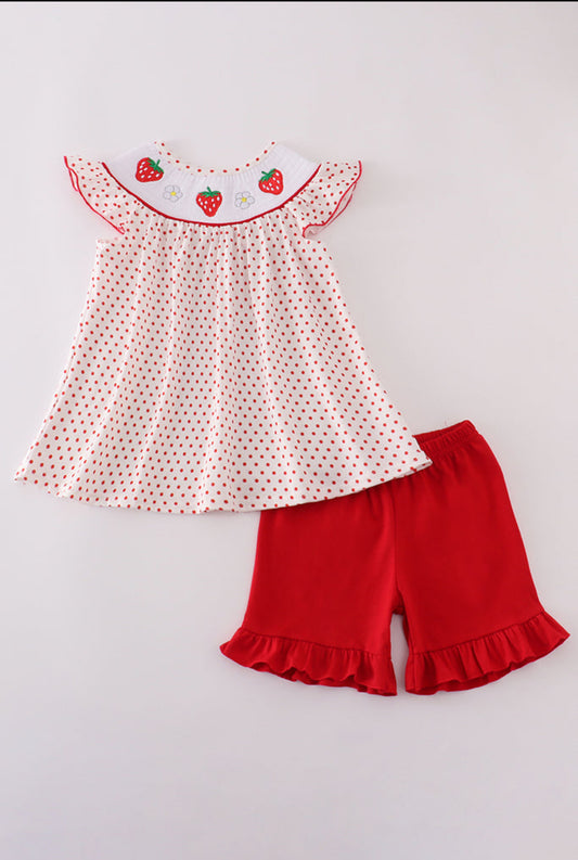 Red Dot Strawberry Embroidery Smocked Girl’s Shorts Set