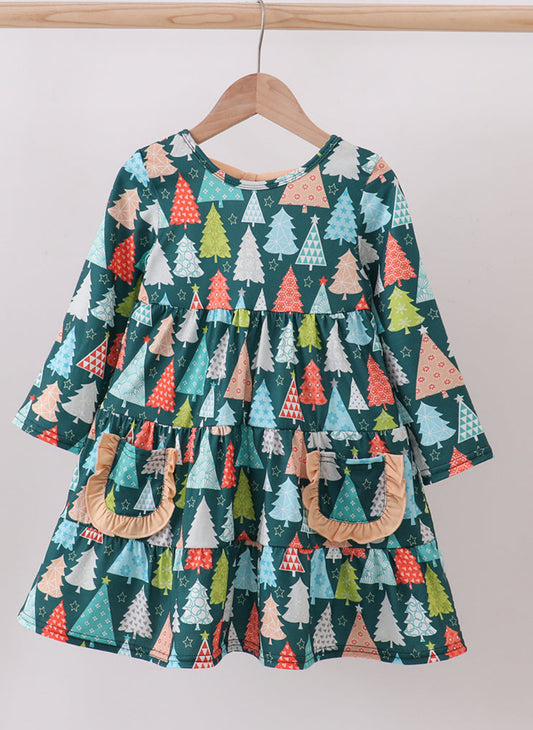 Green Tree Print Ruffle Dress