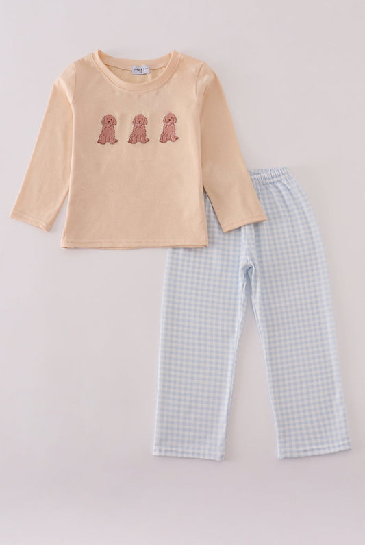 Cream Puppy Embroidery Boy’s Pants Set