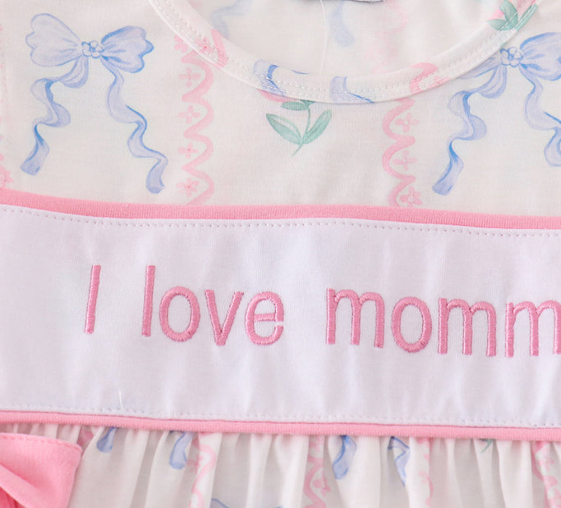 Pink Bow I Love Mommy Embroidery Girl’s Dress