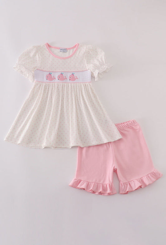 Pink Whale Embroidery Smocked Ruffle Girl’s Short Set