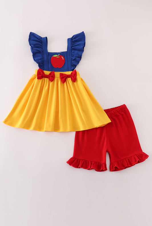 Apple Embroidery Bow Girl’s Ruffle Short Set