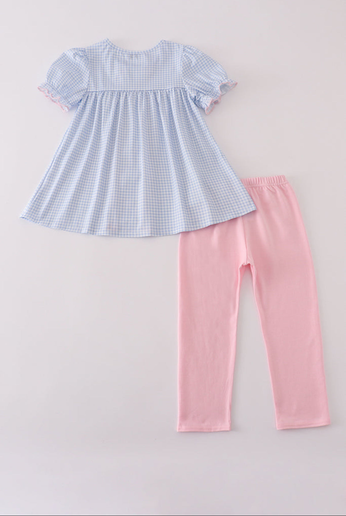 Blue Bow Embroidery Gingham Ruffle Girl’s Pants Set
