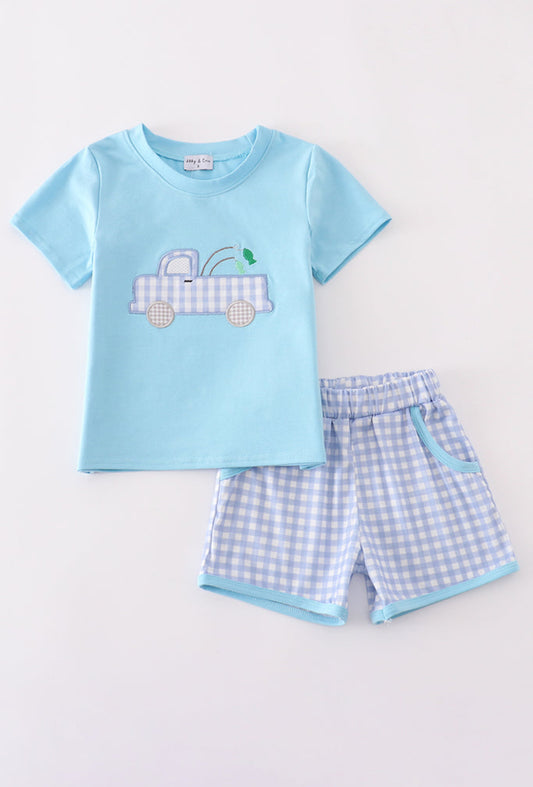 Blue Truck Fishing Appliqué Boy’s Shorts Set