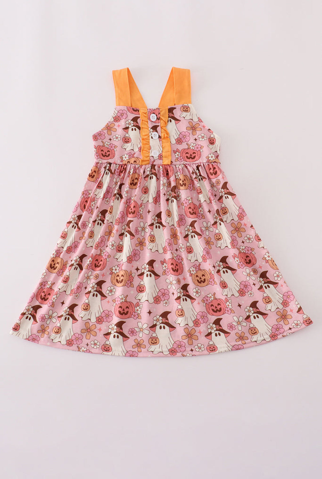 Pink Pumpkin Ghost Print Ruffle Girl’s Dress