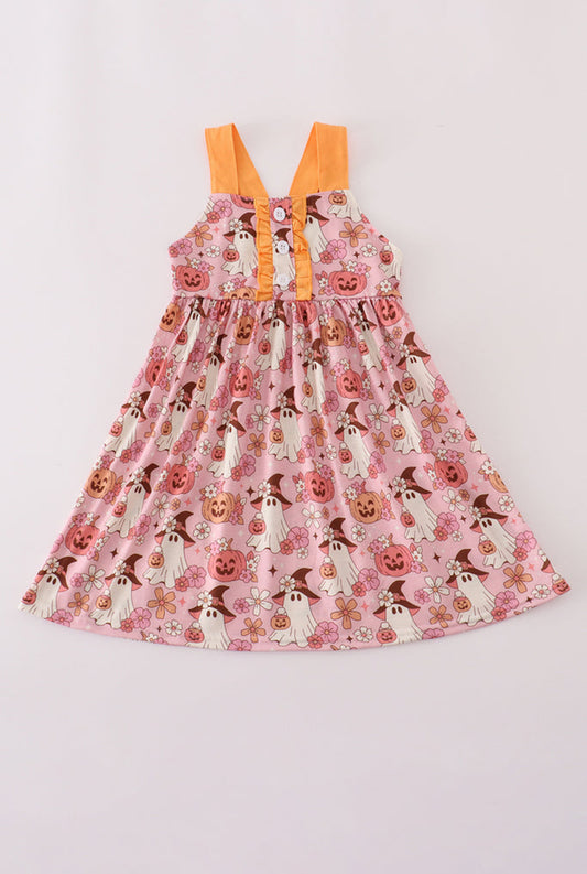 Pink Pumpkin Ghost Print Ruffle Girl’s Dress