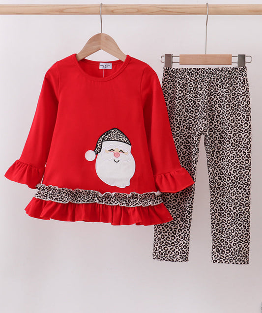 Red Santa Claus Appliqué Leopard Ruffle Girl’s Pants Set