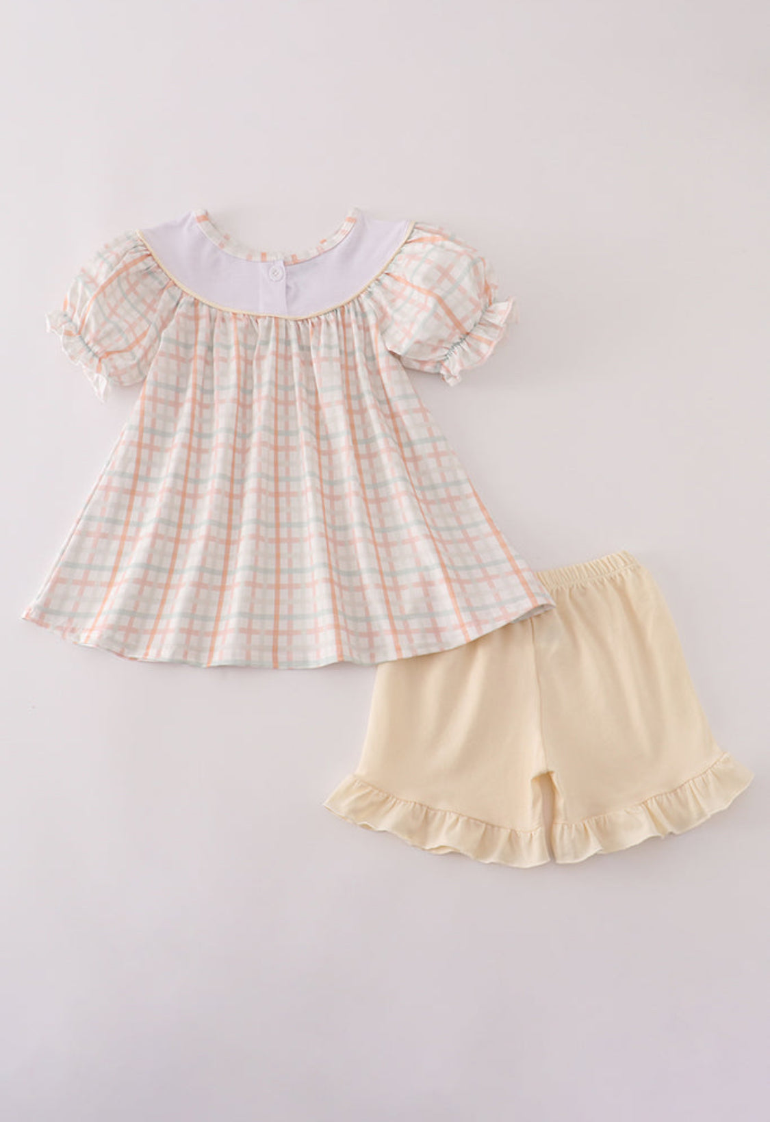 Neutral plaid French Knot Girl’s Ruffle Shorts Set