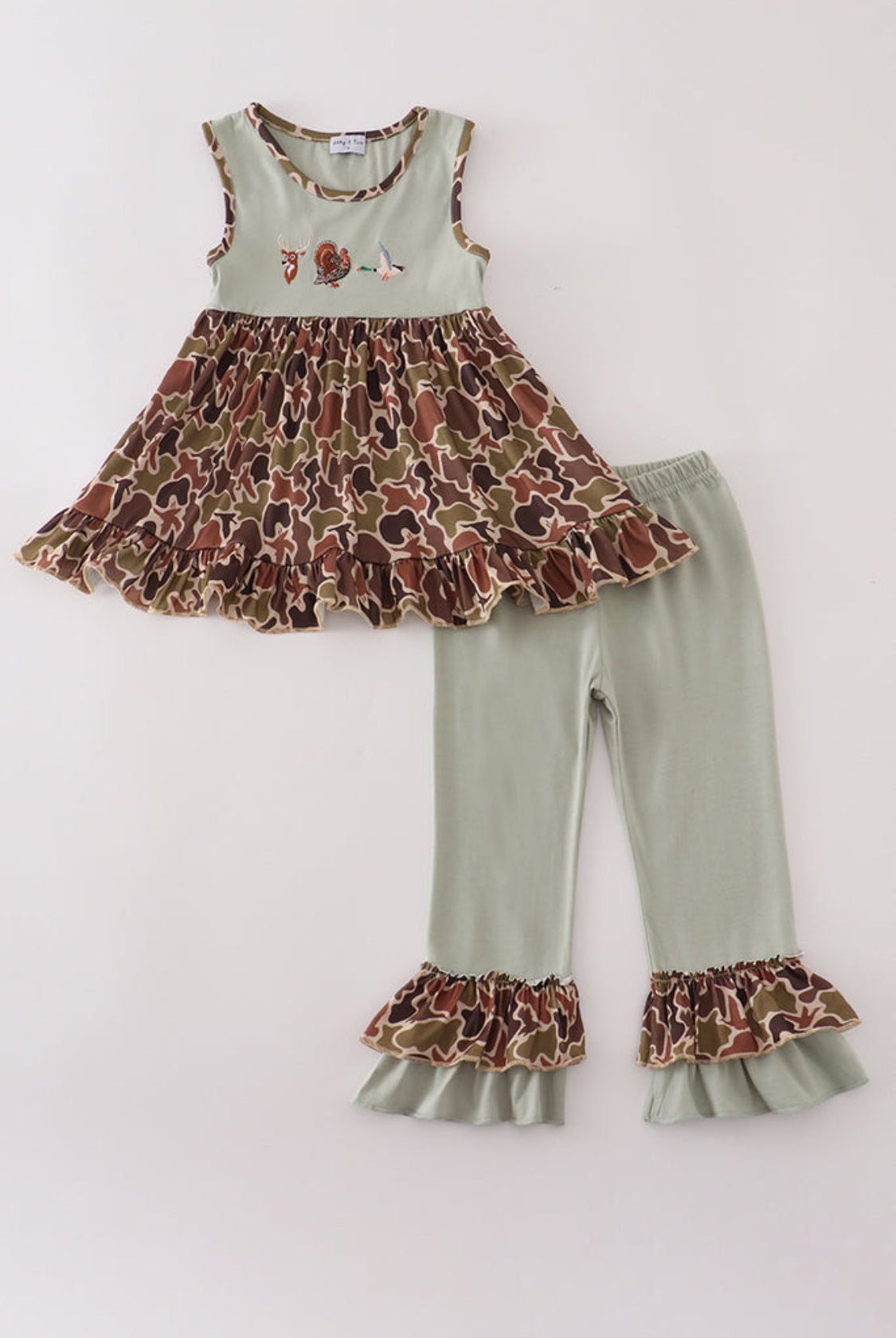 Green Camouflage Hunting Embroidery Ruffle Girl’s Pants Set