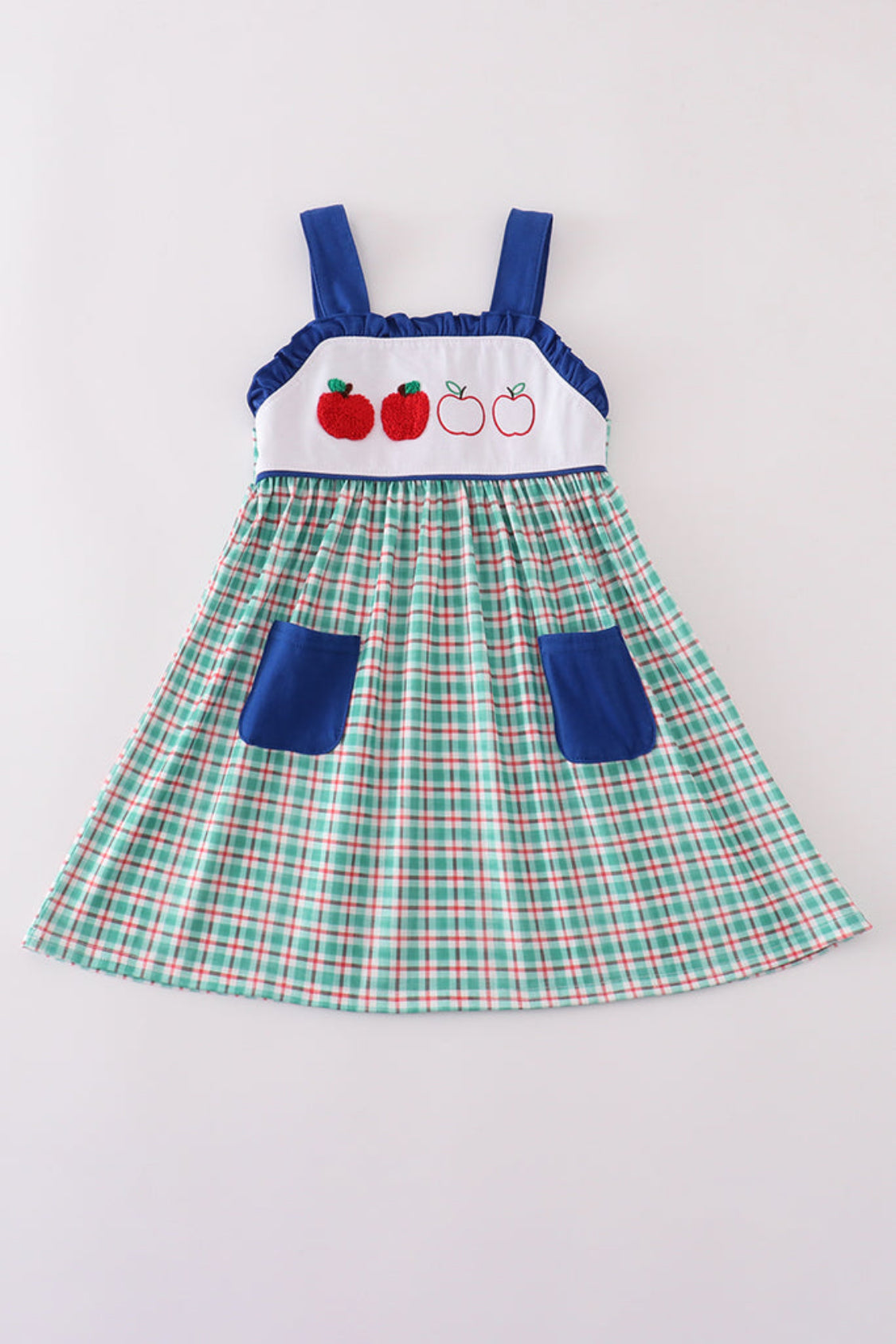 Blue Apple French Knot Plaid Dress