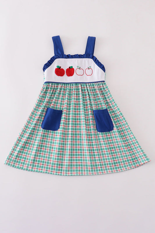 Blue Apple French Knot Plaid Dress