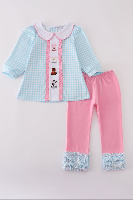 Blue Farm Embroidery Gingham Ruffle Girl’s Pants Set