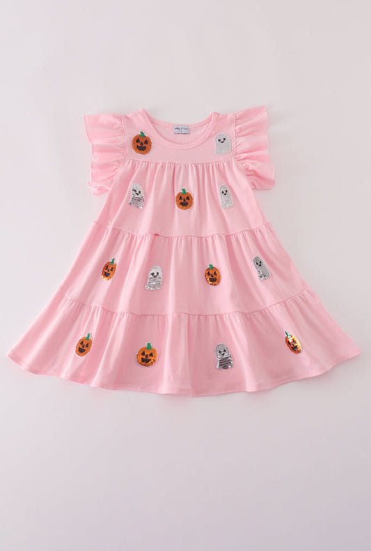 Pink Ghost Pumpkin Sequin Ruffle Dress