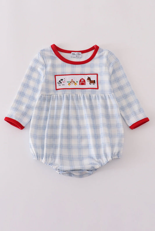 Blue Farm Embroidery Plaid Boy’s Bubble